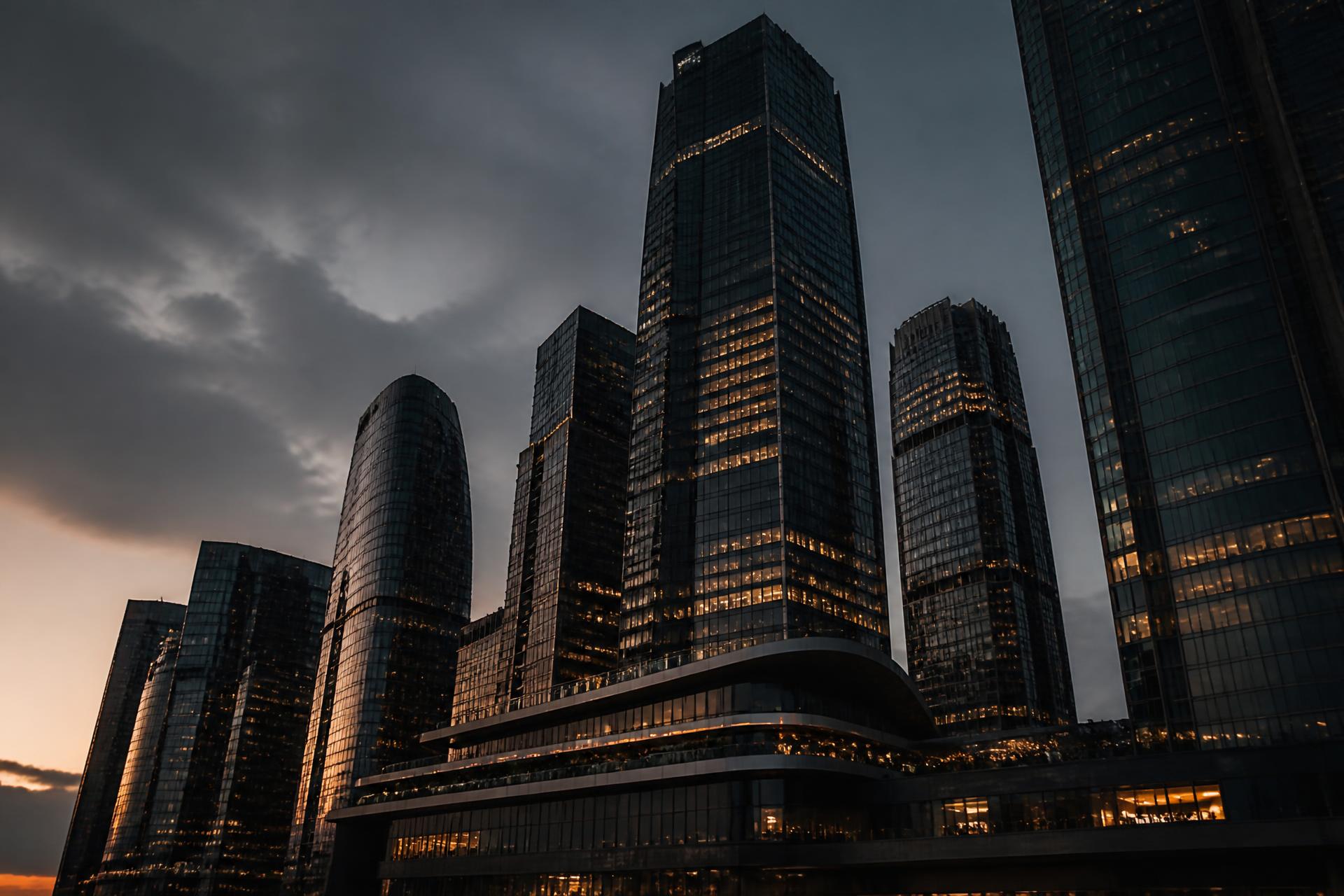 Illustrative view of a modern city skyline at dusk